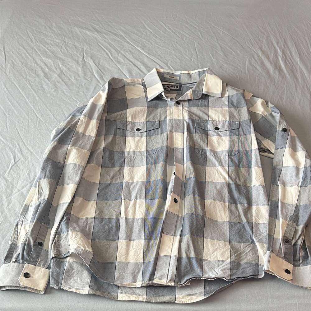 Express men’s fitted Blue and White Plaid Shirt
